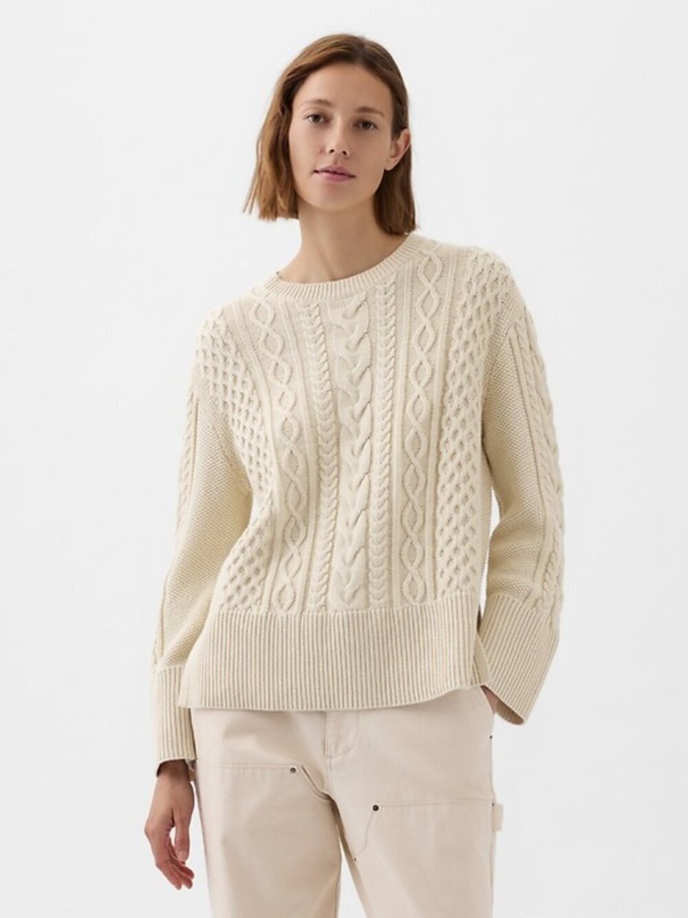 GAP Cable Knit 100% Cotton Cream Sweater 24/7 Split-Hem Relaxed Fit XS Petite